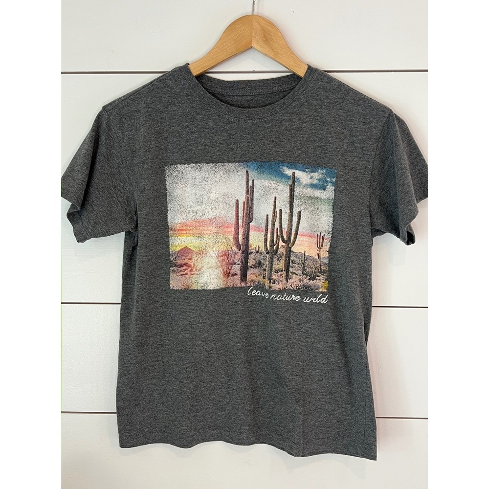Mighty Fine Leave Nature Wild Desert Cactus Graphic T-Shirt Charcoal Gray XS